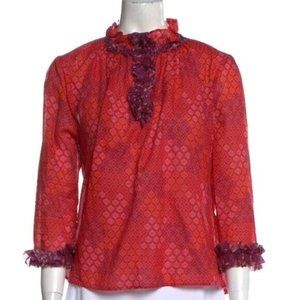 WARM NY Ruffle Mock Neck Printed Tunic Blouse Size S Orange Red